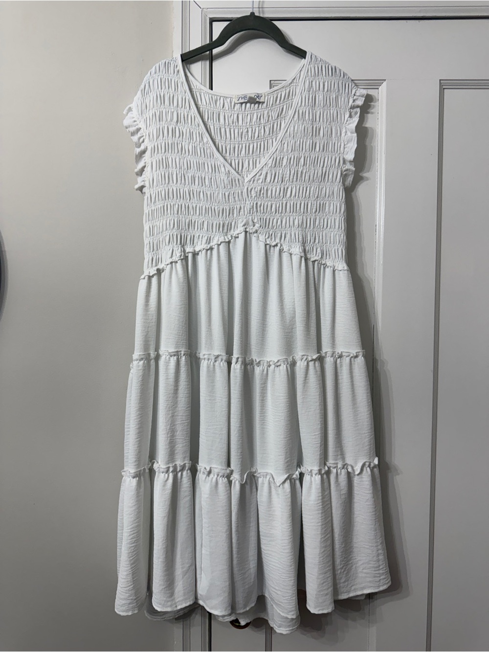 She + Sky White Smocked V-Neck Tiered Midi Dress